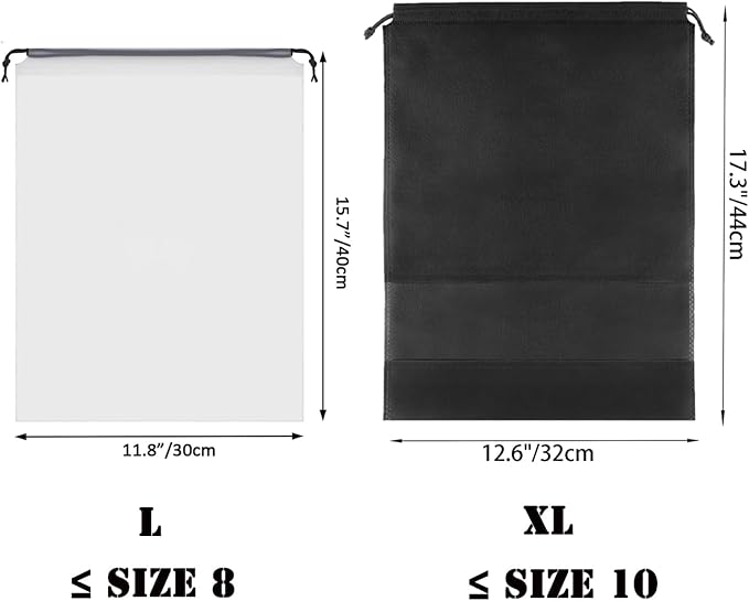 12pcs Non-woven Shoe Bags for Travel 12.6" X 17.3" Portable Shoe Bags with Clear Window, Large Drawstring Dustproof Travel Shoe Storage Bag for Men & Women, Black,XL Size