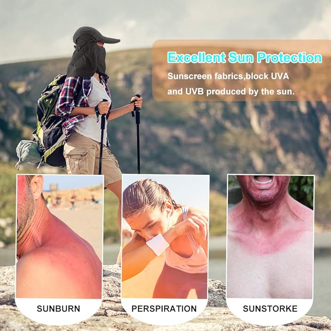Foldable Sun Cap, Fishing Hats, UPF 50+ Protection Caps with Face Mask Neck Flap