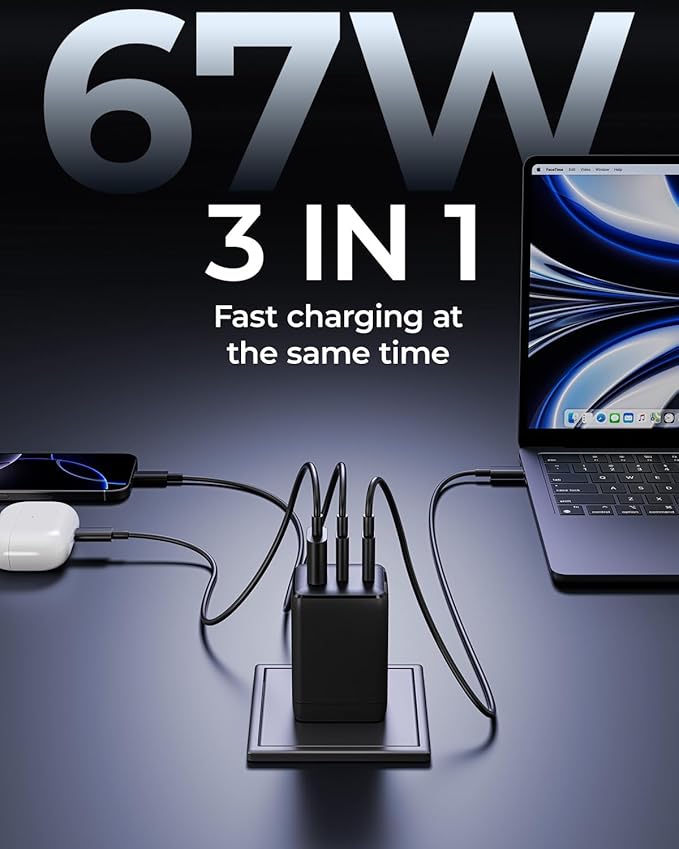 67W USB C Charger, 3-Port GaN Fast Charging Block with Foldable Plug, Compatible with MacBook Pro/Air, iPad Pro, iPhone 16/15/Pro, Galaxy S25/S24, Note20, Pixel, Apple Watch, (Black)
