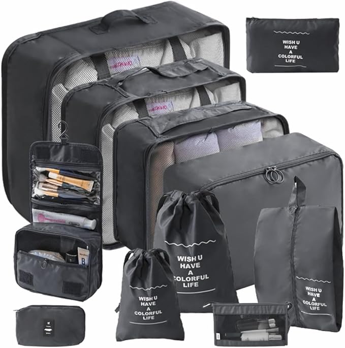 Packing Cubes Storage Bags 11 Pieces-Luggage Organizers Classify Store Clothing Efficiently for Travel Outdoor Home (Black, 11 Pieces)