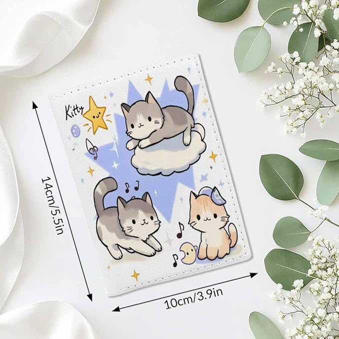 Kitten Passport Holder for Travel Music Cat Star PU Leather Passport Cover Wallet Cute Passport Card Holder for Women and Men