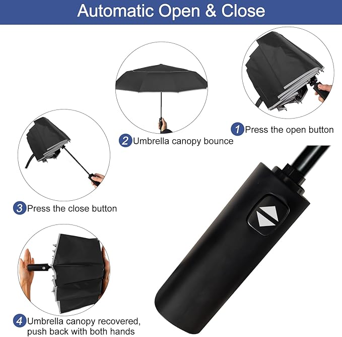Satol Extra Large Golf Umbrella, 46/54/62 Inch Windproof 10 Ribs Vented Double Canopy Reflective Strips Automatic Open/Close Waterproof UV Protection Portable Compact Umbrella for Outdoor & Travel