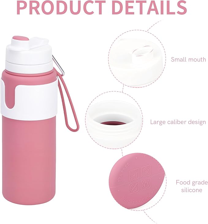Collapsible Water Bottles for Travel - 26oz BPA-Free Foldable with Carabiner, Lightweight Leak-Proof Design, Portable Reusable Bottle for Hiking, Airplane, Camping (Pink)
