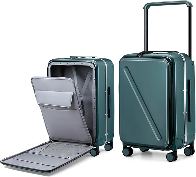 MILADA Wide Handle Luggage with Front Pocket Hardshell Aluminium Check In Suitcase with Wheels Medium 24 Inch Front Opening Checked Luggage with Spinner Wheels TSA Approved Luggage, Blackish Green