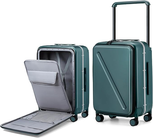 MILADA Wide Handle Luggage with Front Pocket Hardshell Aluminium Check In Suitcase with Wheels Medium 24 Inch Front Opening Checked Luggage with Spinner Wheels TSA Approved Luggage, Blackish Green