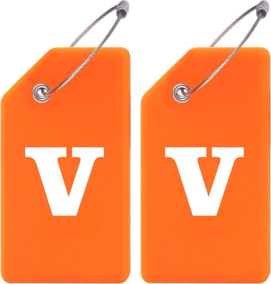 Gostwo 2 Pack Silicone Luggage Tags for Suitcases, 26 Initial Letter Baggage Labels Handbag School Bag Suitcase Instrument Tag with Stainless Steel Loop(Orange)(Letter V)
