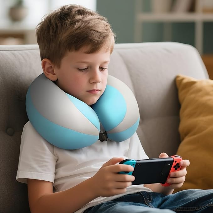 MOOB 2PCS Kids Travel Neck Pillow Soft Double Support Neck Pillow for Car & Airplane, Traveling Gifts for Toddler & Children (Yellow & Grey Blue)