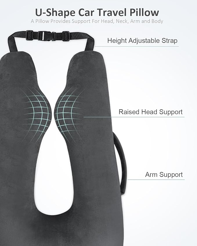 Car Travel Pillow for Kids Adults, Raised Padding Head and Neck Support Car Seat Sleeping Pillow for Toddlers, Portable U Shaped Body Pillow for Car Seat On Road Trip (Dark Gray)