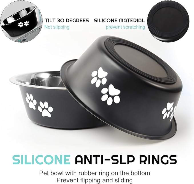 YUDANSI Dog Bowls 2 Pack Small Medium Dogs Feeding Food Water Bowl with Non-Slip Silicone Sole, Stainless Steel Dog Dishes Elevated Raised Pet Feeder (Black, XL(8.5 Cups)