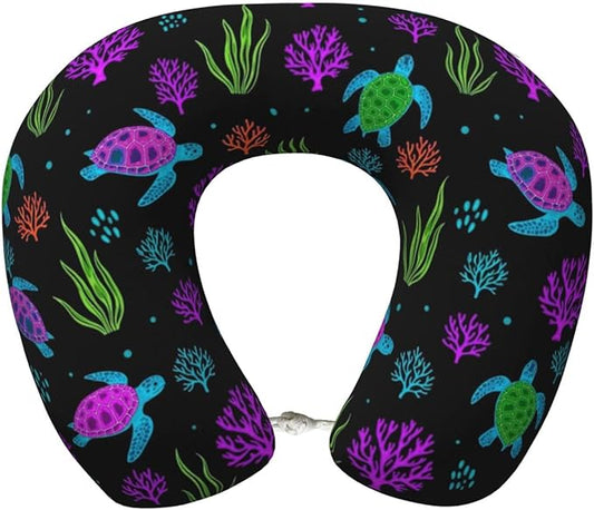 Neck Support Pillow, Comfortable Memory Foam Car/Flight/Airplane Chin Pillows U Shaped Cushion for Office Travel Sleeping Trippy Watercolor Blue Sea Turle
