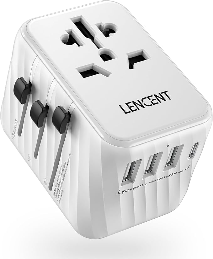 LENCENT Universal Travel Power Adapter, International AC Plug Adaptor with 3 USB A Ports 1 Type C PD Wall Charger Worldwide Travel Essentials for US to EU UK Ireland Australia (Type C/G/A/I) White