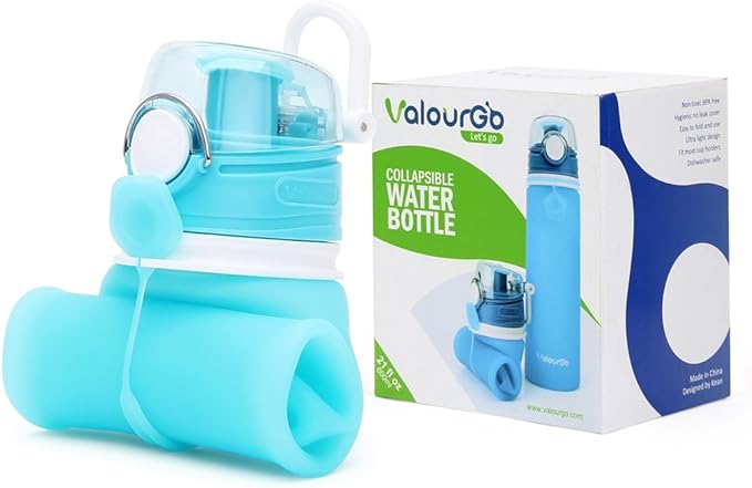 Valourgo Collapsible Water Bottle, Silicone Foldable with Leak Proof Valve BPA Free, Aqua Blue, 21 oz