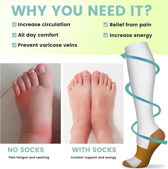 Copper Compression Socks 15-20 mmHg for Men & Women 8 Pairs – Circulation Support for Nurses, Travel, Running, Hiking, Soccer