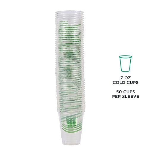 ECO PRODUCTS GreenStripe Clear Compostable 7oz PLA Plastic Cups, Case of 2000, Disposable Renewable Plant-Based Cold Cups, For Cold Drinks & Snacks, BPI Certified, ASTM Compliant.