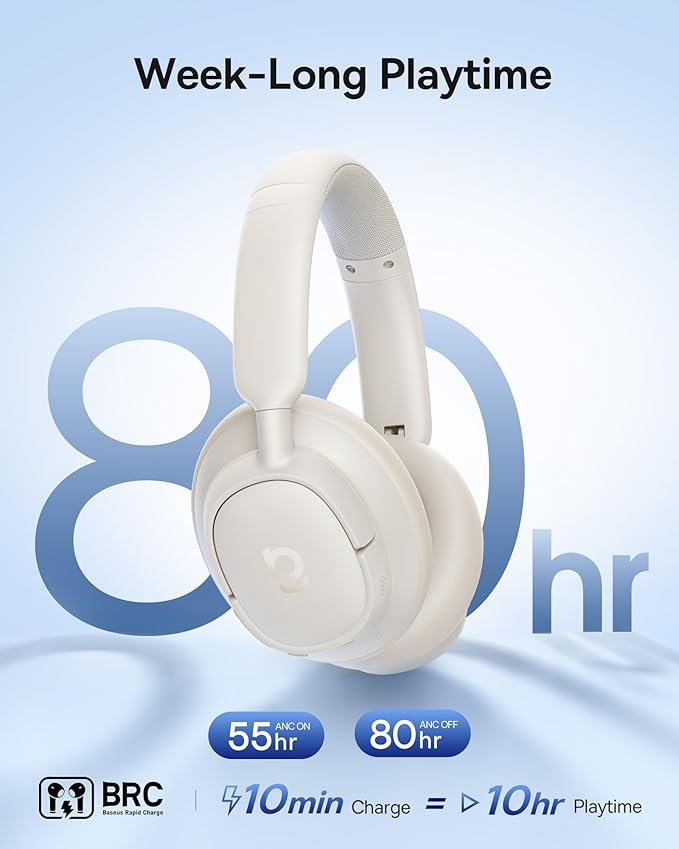 Baseus Bass BH1 NC Adaptive Active Noise Cancelling Headphones, Real-Time Adaptive Hybrid ANC, SuperBass 2.0, LDAC Hi-Res Sound, 80H Playtime, 5-Mic AI Clear Calls, Comfortable Fit, Bluetooth 6.0