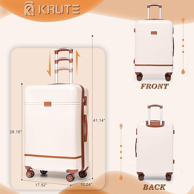 Krute Checked Luggage 24 inch Suitcases with Wheels TSA Approved PC+ABS Lightweight Hard Side Suitcase (WhiteBrown)