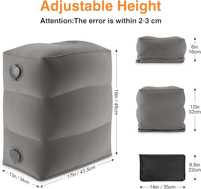 Maliton Inflatable Foot Rest Pillow for Travel,Kids Airplane Bed,Adjustable 3 Layers Height Leg Pillow of Air Travel Essentials,Car, Office, Home - Fast Inflation (Grey)