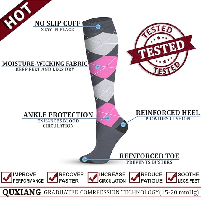 QUXIANG Copper Compression Socks for Women & Men Circulation (8 Pairs) - Best for Running Athletic Cycling - 15-20 mmHg