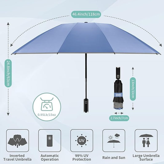 Yoobure Inverted Windproof Travel Umbrella - Automatic Umbrellas for Rain, Compact Folding with Reflective Stripe, Portable Large for Backpack, Lightweight with Sun UV Protection