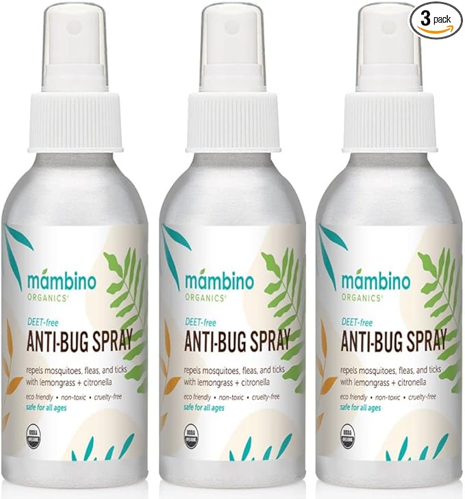 Mambino Organics Anti-Bug Spray, DEET-Free, Organic Mosquito Repellent with Essential Oils, Reef Safe, Face-Safe Protection for Babies, Kids, and Adults, Travel Bug Spray, 2.7oz, 3-Pack