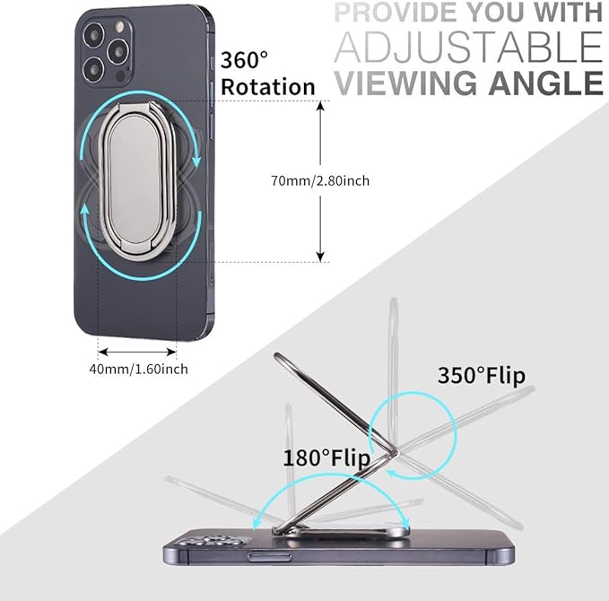 Phone Ring Holder Finger Kickstand Foldable Cellphone Back Stand 360° Rotation Metal Ring Grip Holder for Magnetic Car Mount Compatible with iPhone iPad Smartphone