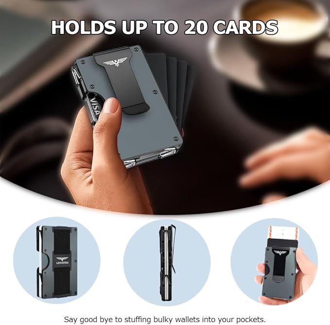 Wallet for Men, Money Clip Wallet with Cash Strap, Slim Card Wallet, RFID Blocking Card Holder, Holds up to 20 cards