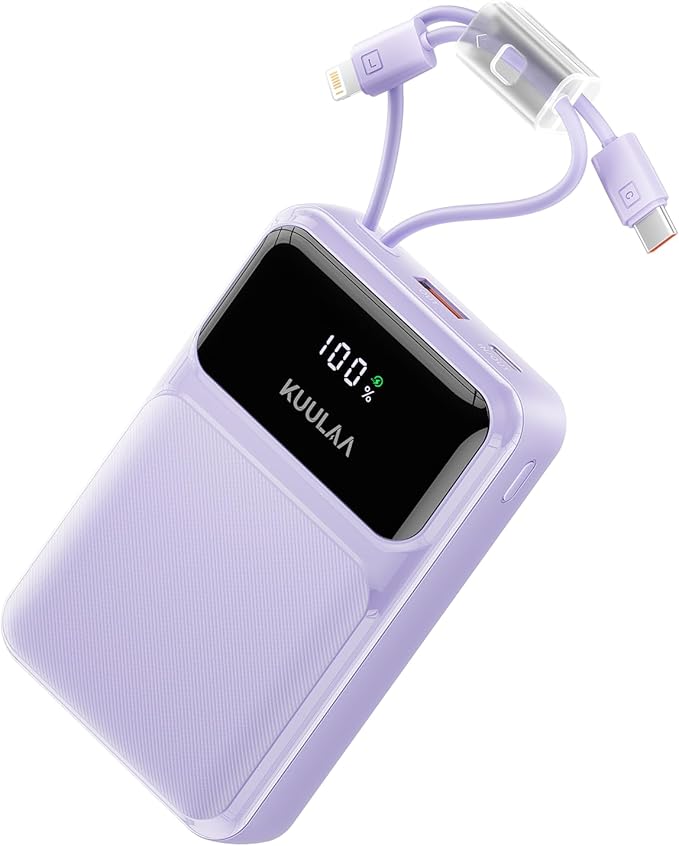 Kuulaa Portable Charger Power Bank 20000mAh,22.5W Fast Charging with Built-in Cables,Travel Essentials Battery Pack with LED Display,Compatible with iPhone Samsung Google iPad Android,Purple