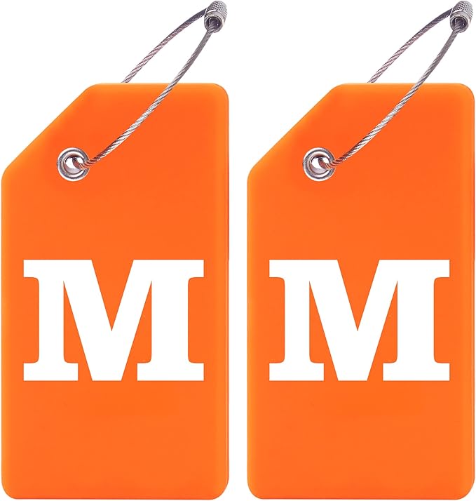 Gostwo 2 Pack Silicone Luggage Tags for Suitcases, 26 Initial Letter Baggage Labels Handbag School Bag Suitcase Instrument Tag with Stainless Steel Loop(Orange)(Letter M)