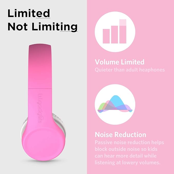 LilGadgets Connect+ Foldable Headphones, Adjustable Fit Soft Touch Padding for Kids with Mic, Volume-Limited & Noise Reduction On-Ear Wired Headset for School with SharePort - Pink, Ages 3-14