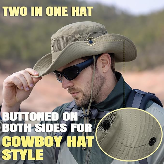 Fishing Hat UPF50+ Wide Brim Sun Hat for Men Women, Water Resistant Summer Sun Protection Safari Hat Hiking Bucket Hat