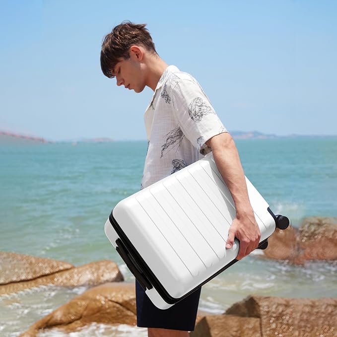 NINETYGO Large Checked Luggage 28 Inch, Checking In Luggage with Smooth Spinner Wheels, Lightweight, Hard Shell PC Suitcase, Lightweight Travel Luggage, TSA Approved (Lily White, Rhine Basic)