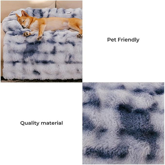 FUNNY FUZZY Pet Fluffy Plush Calming Dog Couch Bed Sofa Protector Washable Pets Mat for Large Medium Small Dogs and Cats (Tie-dye Blue,47.24 × 37.4 × 6.3 in)