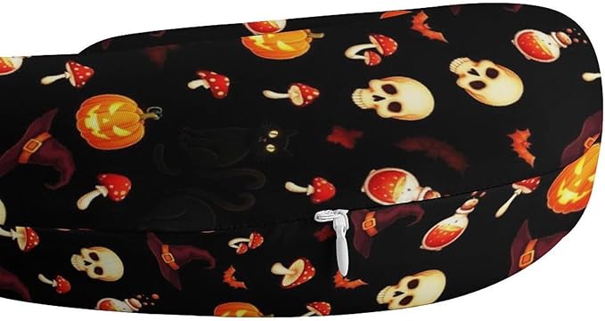 Fashion Travel Pillow Memory Foam Chin Head Support Halloween Witch Black Cat Bat Pumpkin Skull Mushroom, Breathable Washable Cover for Women Men Airplane Car Decor