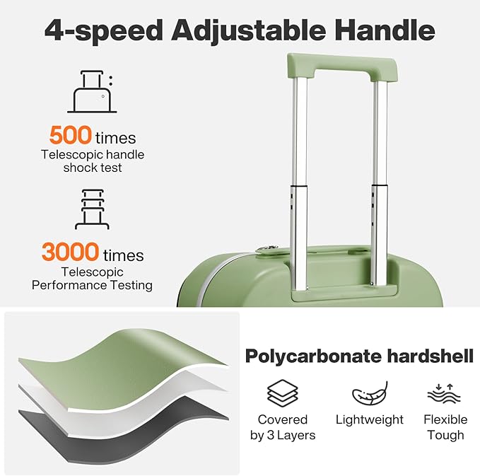 mixi 26 Inch Large Checked Luggage PC Hard Shell Suitcase Top Opening Aluminum Frame Travel Suitcases with Wheels, Avocado Green