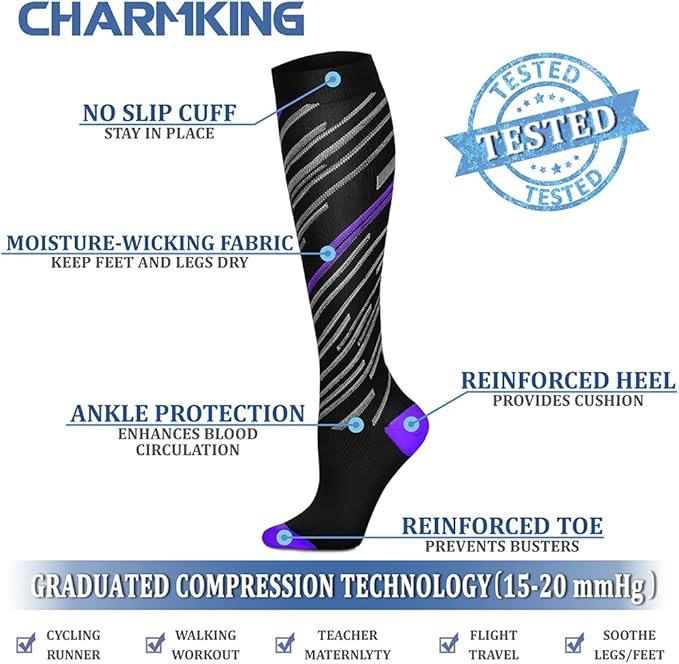 CHARMKING Compression Socks for Women & Men Circulation (8 Pairs) 15-20 mmHg is Best Support for Athletic Running,Cycling