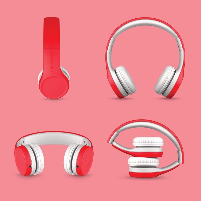 LilGadgets Connect+ Foldable Headphones, Adjustable Fit Soft Touch Padding for Kids with Mic, Volume-Limited & Noise Reduction On-Ear Wired Headset for School with SharePort - Red, Ages 3-14