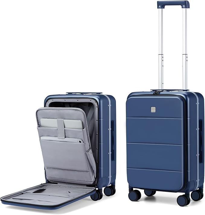 MILADA Carry On Luggage 22x14x9 Airline Approved Spinner Wheels TSA Luggage 20 Inch Hard Shell Suitcases Front Opening Pocket Rolling Aluminum Frame Travel Luggage,Dark Blue