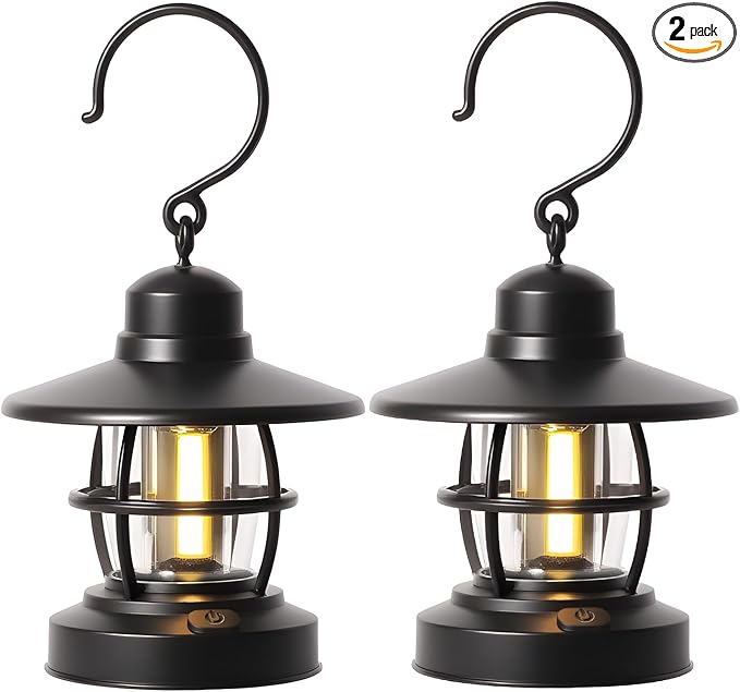 Black 2-Pack Vintage Portable Battery-Powered Camping Lantern for Outages, Emergencies, Indoor and Outdoor Activities