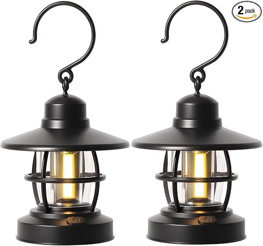 Black 2-Pack Vintage Portable Battery-Powered Camping Lantern for Outages, Emergencies, Indoor and Outdoor Activities