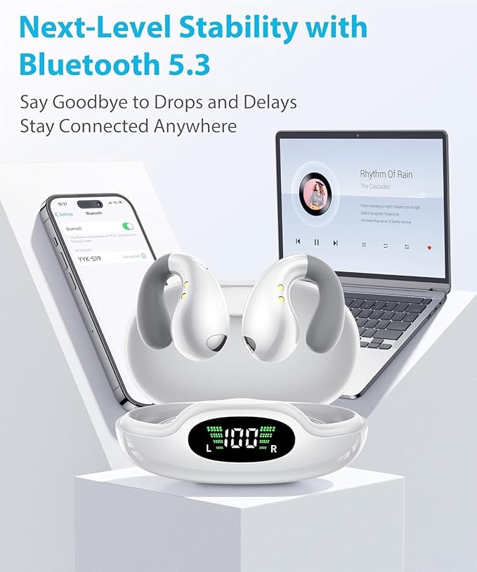 Ultra Open Ear Earbuds - Ergonomic Clip-On Earbuds, Open Wireless Headphones with Over-Ear Fit, Bluetooth Audio Buds for Running, Gym with Long Battery Life, Pure White