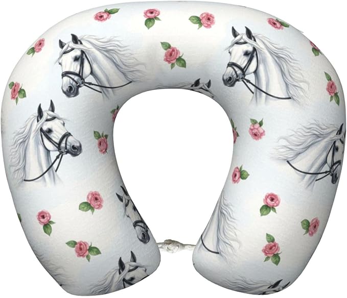 Comfortable Travel Pillow for Pain Relief Sleeping, Memory Foam Airplane Car Neck Pain Pillows Watercolor Painting White Horse, Funny Chin Head Support Cushion