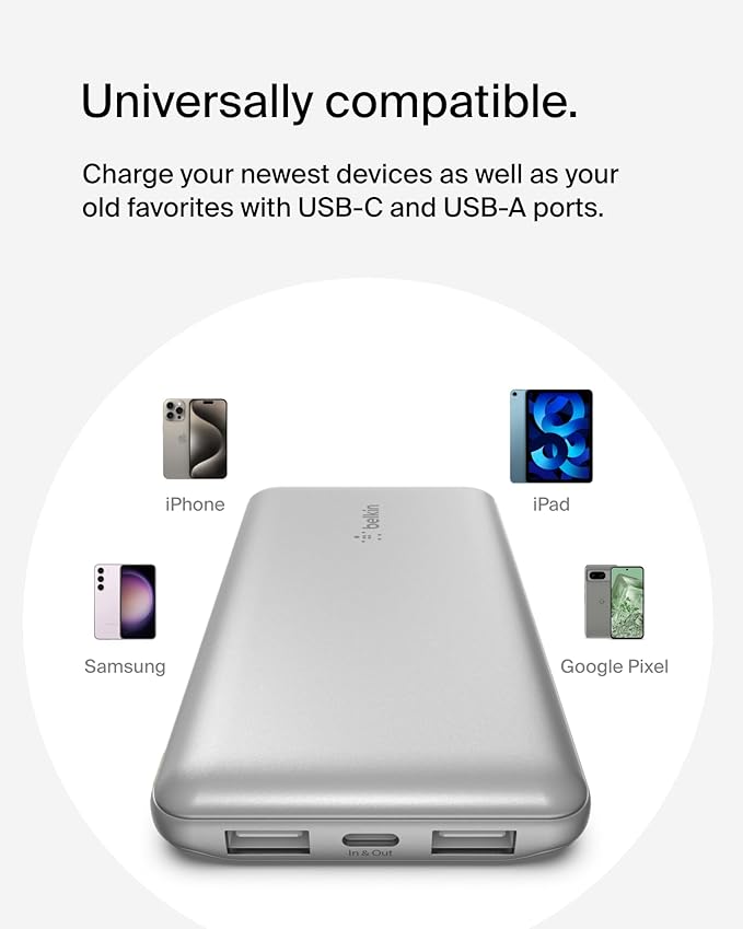 Belkin Portable Charger, USB-C Power Bank 10000 mAh w/ 1xUSB-C Port & 2xUSB-A Ports, 15W w/Type-C to Type-A Cable for iPhone 17, Samsung Galaxy S25, Nintendo Switch 2, Google Pixel 10, etc. - Silver
