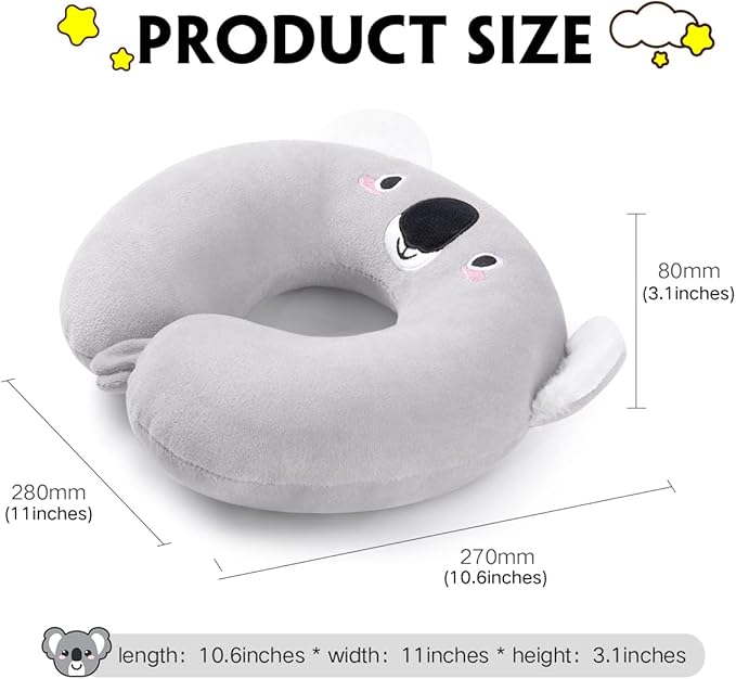 H HOMEWINS Travel Pillow for Kids,Cute Animal Neck Pillow for Boys Girls,Soft Neck Head Chin Support Pillow,Travel Accessories for Airplane, Car, Train,Recline (Koala)