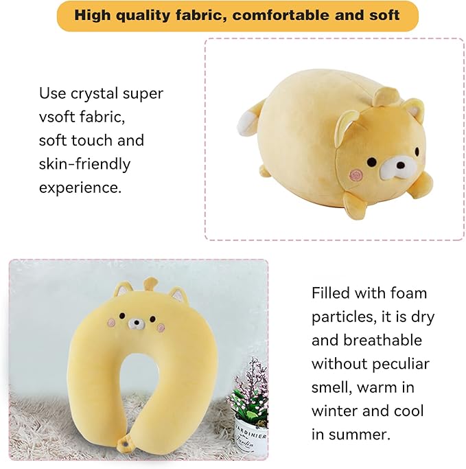 Kids Travel Pillow - 2-in-1 Deformable Kids Neck Pillow for Traveling, Soft U-Shaped Pillow with Adorable Animal Design, Comfy Sleep and Play, Ideal for Airplanes and Cars - Yellow Bear