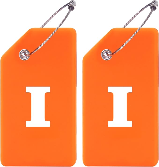 Gostwo 2 Pack Silicone Luggage Tags for Suitcases, 26 Initial Letter Baggage Labels Handbag School Bag Suitcase Instrument Tag with Stainless Steel Loop(Orange)(Letter I)
