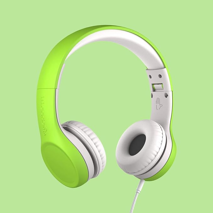 LilGadgets Connect+ Foldable Headphones, Adjustable Fit Soft Touch Padding for Kids with Mic, Volume-Limited & Noise Reduction On-Ear Wired Headset for School with SharePort - Green, Ages 3-14