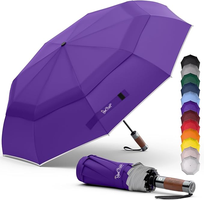 Royal Walk Windproof Folding Travel Umbrella Compact and Strong Luxurious Real Wood Handle Automatic Open Close Vented Double Canopy for Men and Women