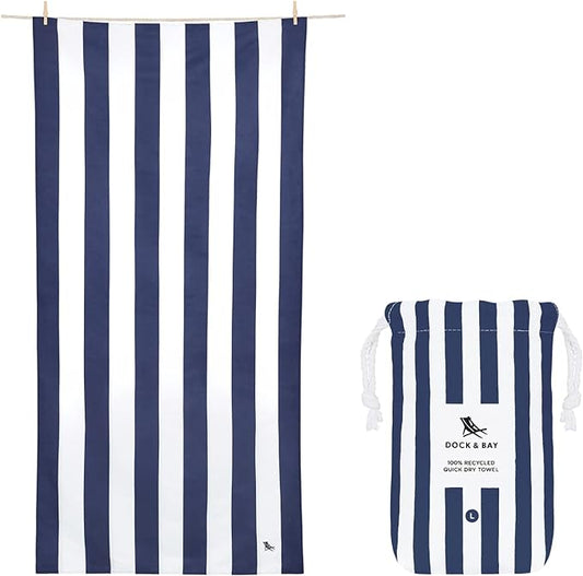 Dock & Bay Beach Towel - Quick Dry, Sand Free - Compact, Lightweight - 100% Recycled - Includes Bag - Cabana - Whitsunday Blue - Large (160x90cm, 63x35)