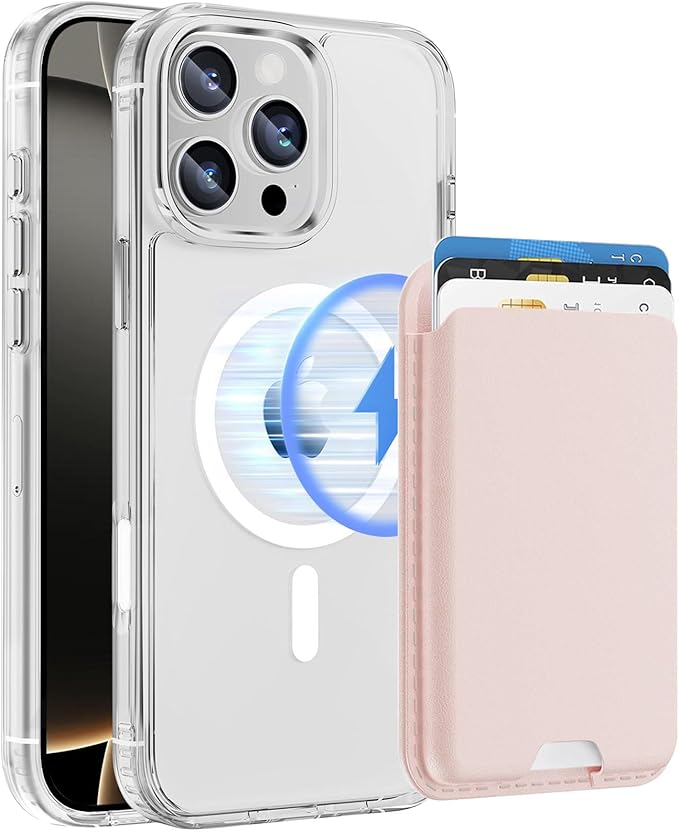 Ntwinro Magnetic for iPhone 16 Pro Max Clear Case (Compatible with MagSafe) with Pink Detachable Wallet & Card Holder for 3 Cards [RFID Blocking] Military Grade Protective Slim Phone Cover