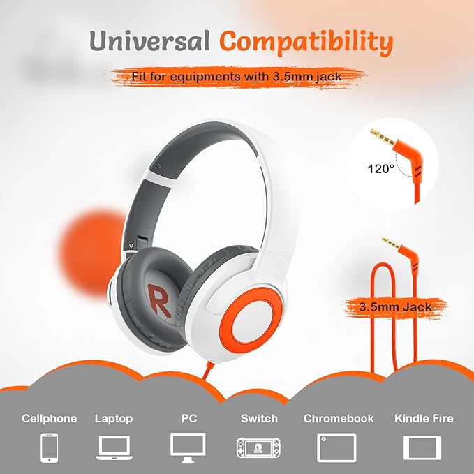 Kids Wired Headphones with Microphone, Volume Limited to 85/94dB, Foldable 3.5mm Jack Headset for Girls, Pink Over-Ear Headphones for School, Study & Travel, Includes Carry Case（White）